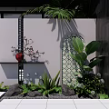 Garden Landscape Featuring Arched Tiled Wall Red Vase Lush Foliage And Decorative Stones