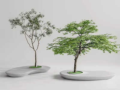 Modern Irregular White Tree Planters With Green Base Holding Two Leafy Trees 3d model