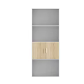 Modern White Bookcase With Wooden Cabinet Doors And Multiple Open Shelves