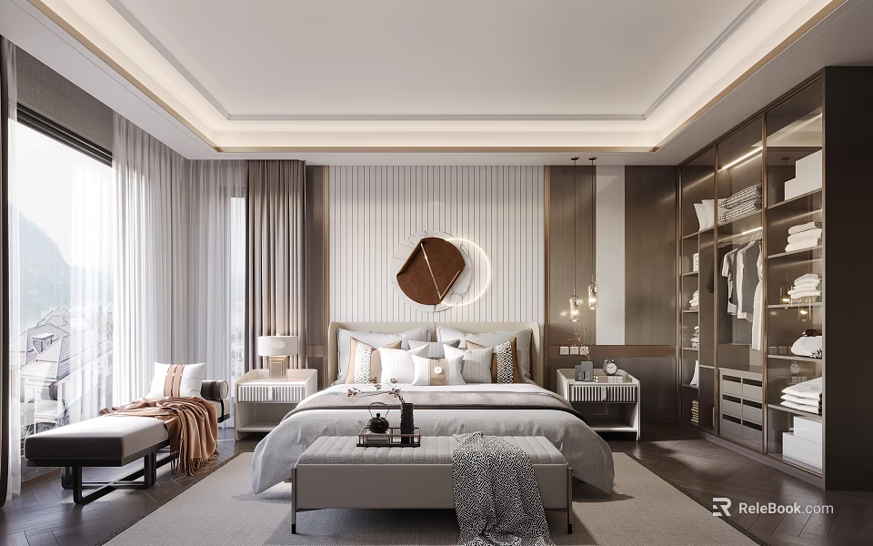 Elegant Modern Bedroom Interior Design With Bed Headboard Round Mirror Nightstands Curtains And Wardrobe 3d model 