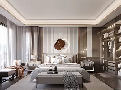 Elegant Modern Bedroom Interior Design With Bed Headboard Round Mirror Nightstands Curtains And Wardrobe 3d model