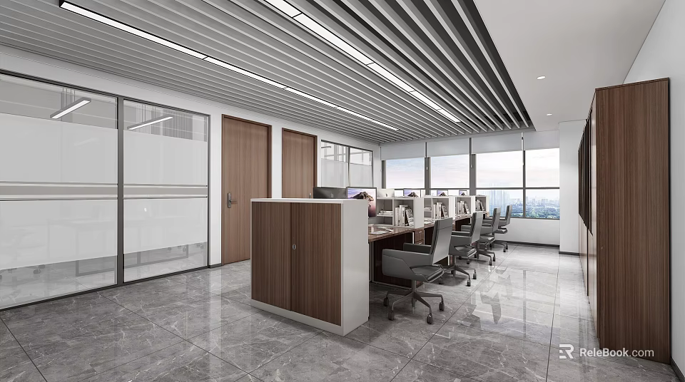 Modern Office Interior With Work Desks Chairs Large Windows Glass Partitions And Wooden Doors 3d model 