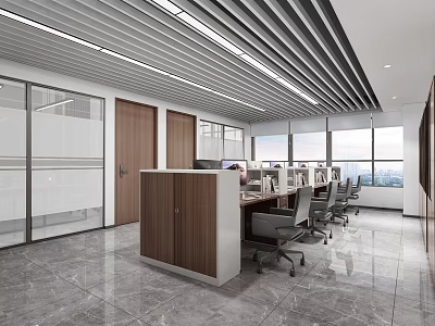 Modern Office Interior With Work Desks Chairs Large Windows Glass Partitions And Wooden Doors 3d model