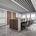 Modern Office Interior With Work Desks Chairs Large Windows Glass Partitions And Wooden Doors