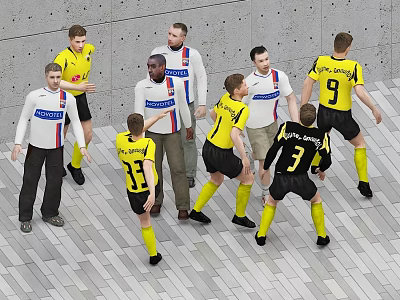 Group of Soccer Players in Yellow and White Jerseys With Coach Standing Together 3d model