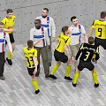 Group of Soccer Players in Yellow and White Jerseys With Coach Standing Together