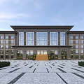 Modern Office Building Exterior With Large Glass Windows Stone Steps And Green Plants