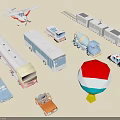 Colorful Airplane Toy Model with Various Vehicles and Hot Air Balloon on Beige Background