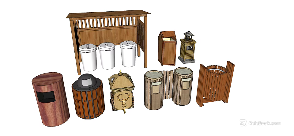 Public Trash Bins With Various Wooden Metal And Covered Designs For Outdoor Areas 3d model 