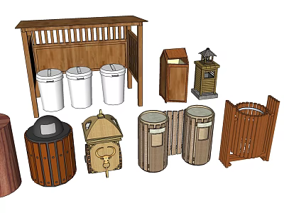 Public Trash Bins With Various Wooden Metal And Covered Designs For Outdoor Areas 3d model