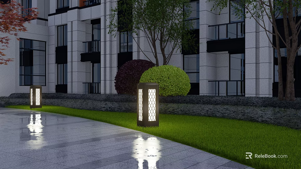 Modern Outdoor Garden Light With Lattice Design Illuminating Lawn And Greenery Near Building 3d model 