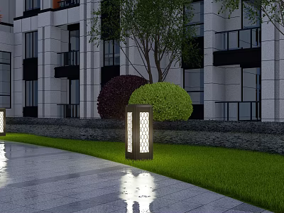 Modern Outdoor Garden Light With Lattice Design Illuminating Lawn And Greenery Near Building 3d model