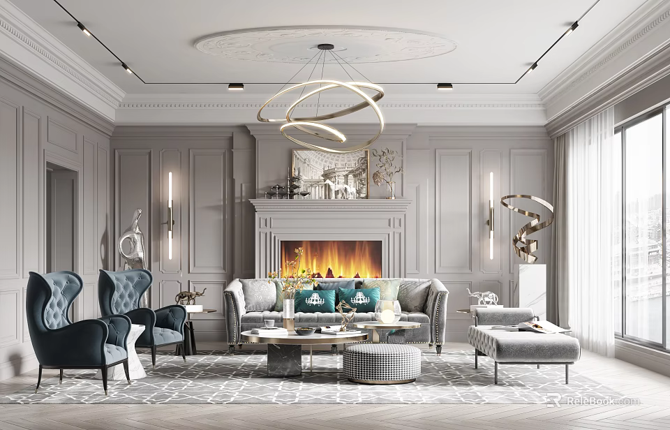 Elegant Living Room Interior With Gray Walls Circular Chandelier Fireplace And Green Cushioned Sofa 3d model 