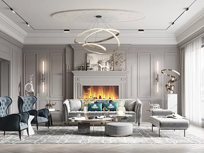 Elegant Living Room Interior With Gray Walls Circular Chandelier Fireplace And Green Cushioned Sofa 3d model