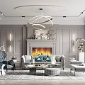 Elegant Living Room Interior With Gray Walls Circular Chandelier Fireplace And Green Cushioned Sofa