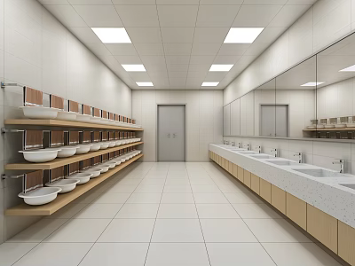 Modern Public Restroom Featuring Clean Spacious Tile Walls Wooden Shelves Ceiling Lights And Mirrored Washbasins 3d model