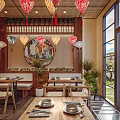 Traditional Chinese Restaurant Interior With Hanging Lanterns Wooden Decor And Green Plants