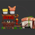 Adorable Sushi Themed Cart With Sushi Dog Decor And Wooden Stools