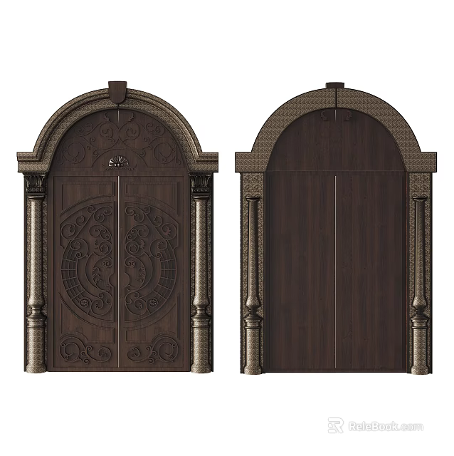 Wooden Double Doors With Arch Top Carved Details And Decorative Columns 3d model 