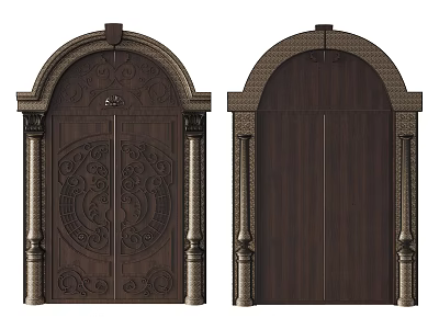 Wooden Double Doors With Arch Top Carved Details And Decorative Columns 3d model