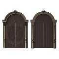 Wooden Double Doors With Arch Top Carved Details And Decorative Columns