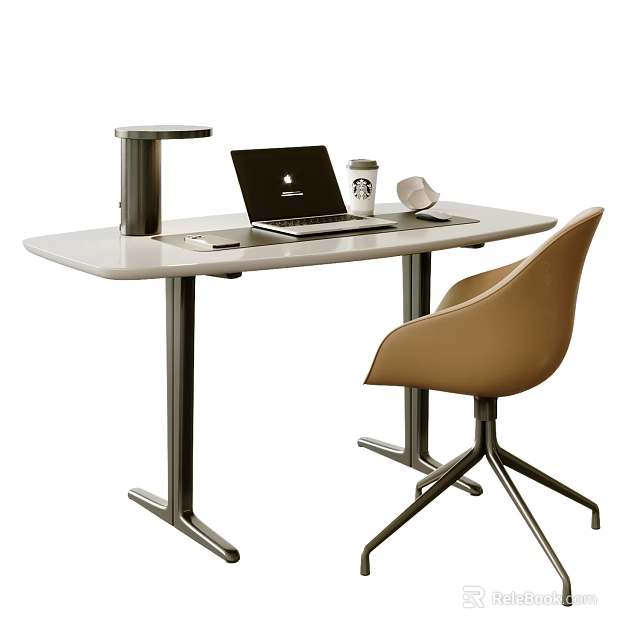 Modern Minimalist Home Office Desk With Laptop Coffee Cup Desk Lamp And Beige Chair 3d model 