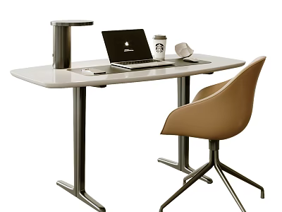 Modern Minimalist Home Office Desk With Laptop Coffee Cup Desk Lamp And Beige Chair 3d model