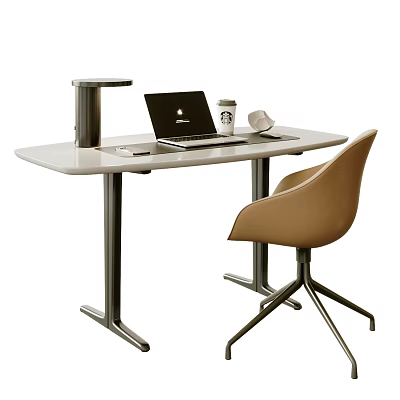 Modern Minimalist Home Office Desk With Laptop Coffee Cup Desk Lamp And Beige Chair 3d model