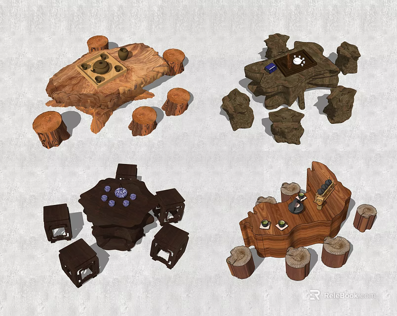 Root Carving Tea Table Unique Natural Wood Handcrafted Design with Tea Set and Stools 3d model
