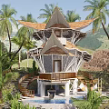 Tropical Villa With Layered Pagoda Roof Palm Trees Pool And Scenic Mountain Views