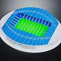 3D Designed Stadium With Blue Roof Structure And Green Football Field Stands