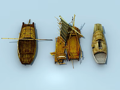 Traditional Wooden Boats in Various Styles with Oars Sail and Small Window Design 3d model