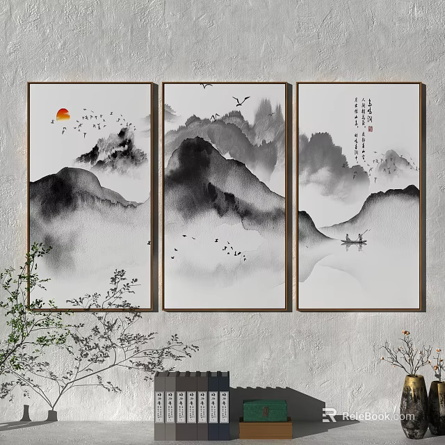 Traditional Chinese Ink Wash Landscape Triptych With Mountains Sun Birds And Boat Calligraphy 3d model 