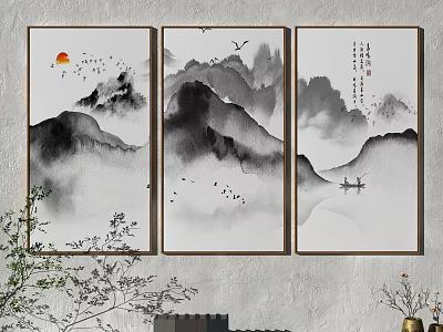 Traditional Chinese Ink Wash Landscape Triptych With Mountains Sun Birds And Boat Calligraphy 3d model