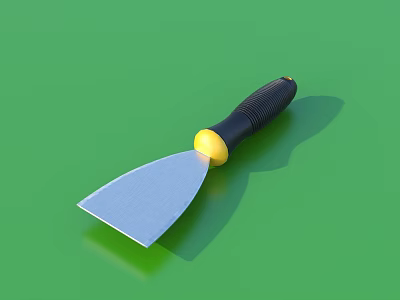 Household Putty Knife With Black Handle Yellow Connector And Silver Blade On Green Surface 3d model
