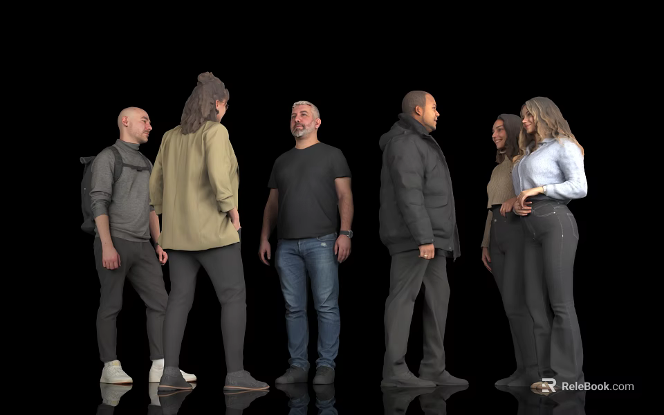 Group of People Standing Together With Diverse Clothing Against Black Background 3d model 
