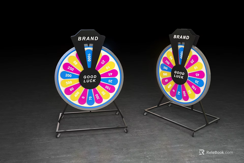 Brand Spinning Wheels With 100 50 30 20 10 5 Percent Sections On Metal Stands 3d model 