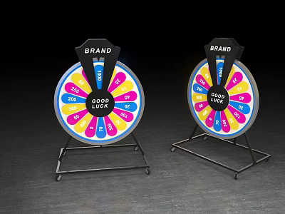 Brand Spinning Wheels With 100 50 30 20 10 5 Percent Sections On Metal Stands 3d model