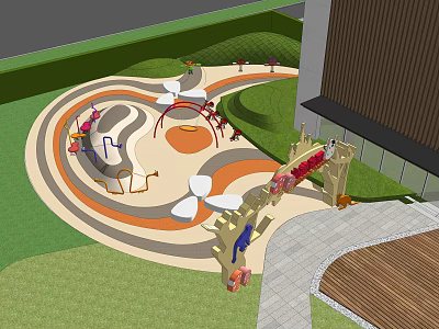 Colorful Children's Playground With Circular Ground Slides Climbing Frames Green Lawn And Building 3d model