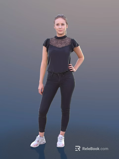 Stylish Woman Posing In Black Top With Lace Neckline Short Sleeves And Black Skinny Jeans 3d model 