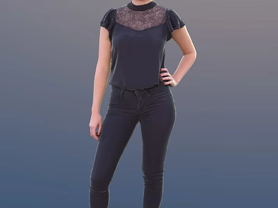 Stylish Woman Posing In Black Top With Lace Neckline Short Sleeves And Black Skinny Jeans 3d model