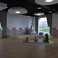 Kindergarten Classroom Interior With Round Lights Wooden Tables Shelves Digital Clock And Colorful Decor