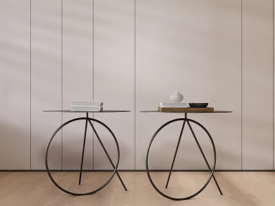 Two Modern Coffee Tables with Metal Frame Glass Top and Decorative Items on Wooden Floor 3d model