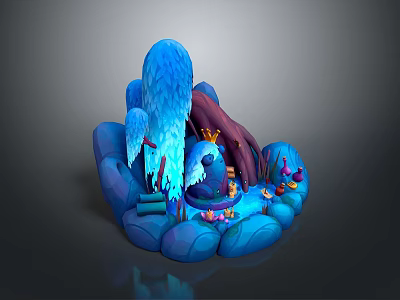 Enchanting 3D Fantasy Landscape Showcasing Blue Island Waterfall Trees Mushrooms and Flowers 3d model