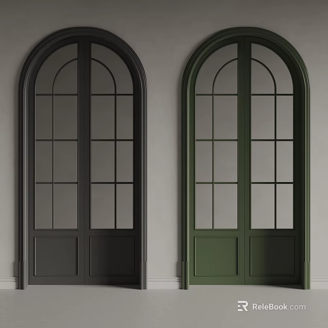 Elegant Black And Green Arched Doors With Classic Glass Panes Design 3d model 