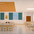 Spacious School Classroom With Blue Walls Round Lights Desks Storage Cabinets And Large Screen TV