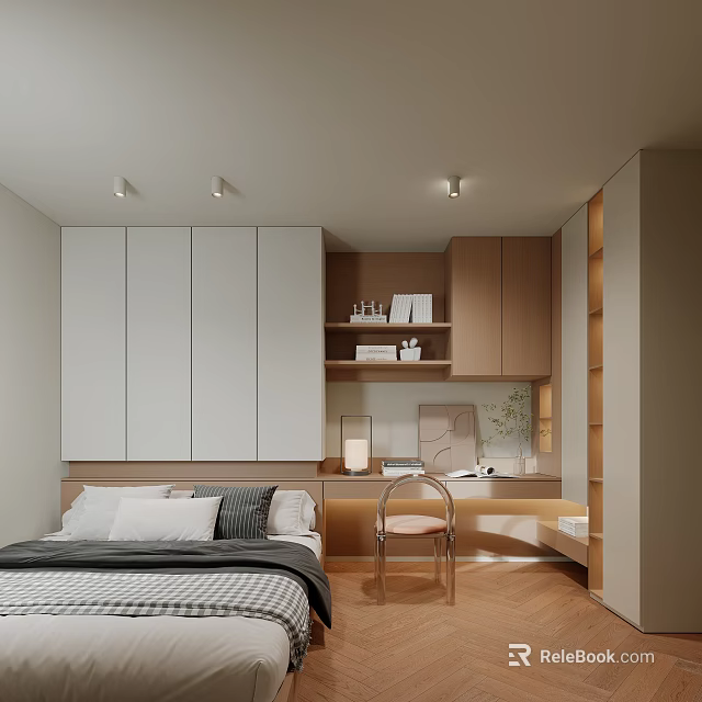 Tatami Bedroom Interior Design With Bed Pillows White Wooden Cabinets Desk Chair And Green Plant 3d model 