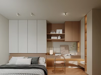 Tatami Bedroom Interior Design With Bed Pillows White Wooden Cabinets Desk Chair And Green Plant 3d model