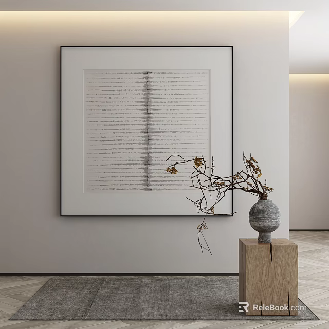 Minimalist Interior with Modern Framed Wall Art and Decorative Vase on Wooden Stand 3d model 