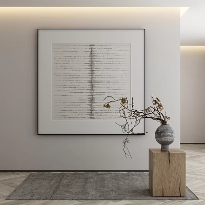 Minimalist Interior with Modern Framed Wall Art and Decorative Vase on Wooden Stand 3d model